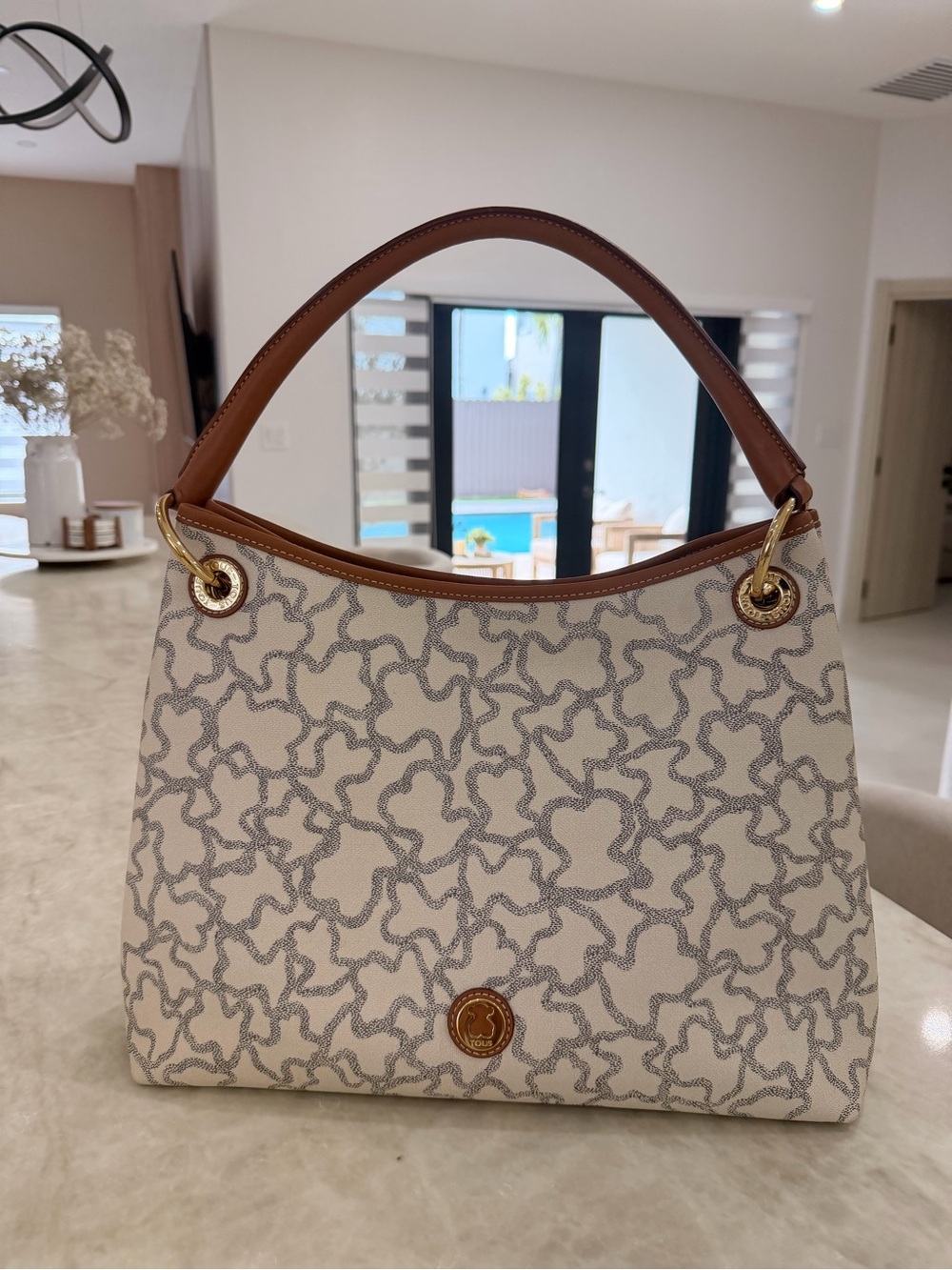 Tous Cream & Brown Monogram Shoulder Bag with Gold Hardware